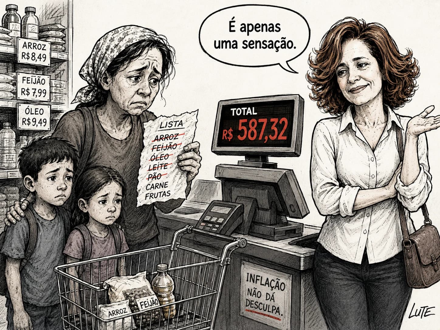 Charge mostra uma família diante de uma compra cara enquanto uma personagem afirma que é apenas uma sensação.